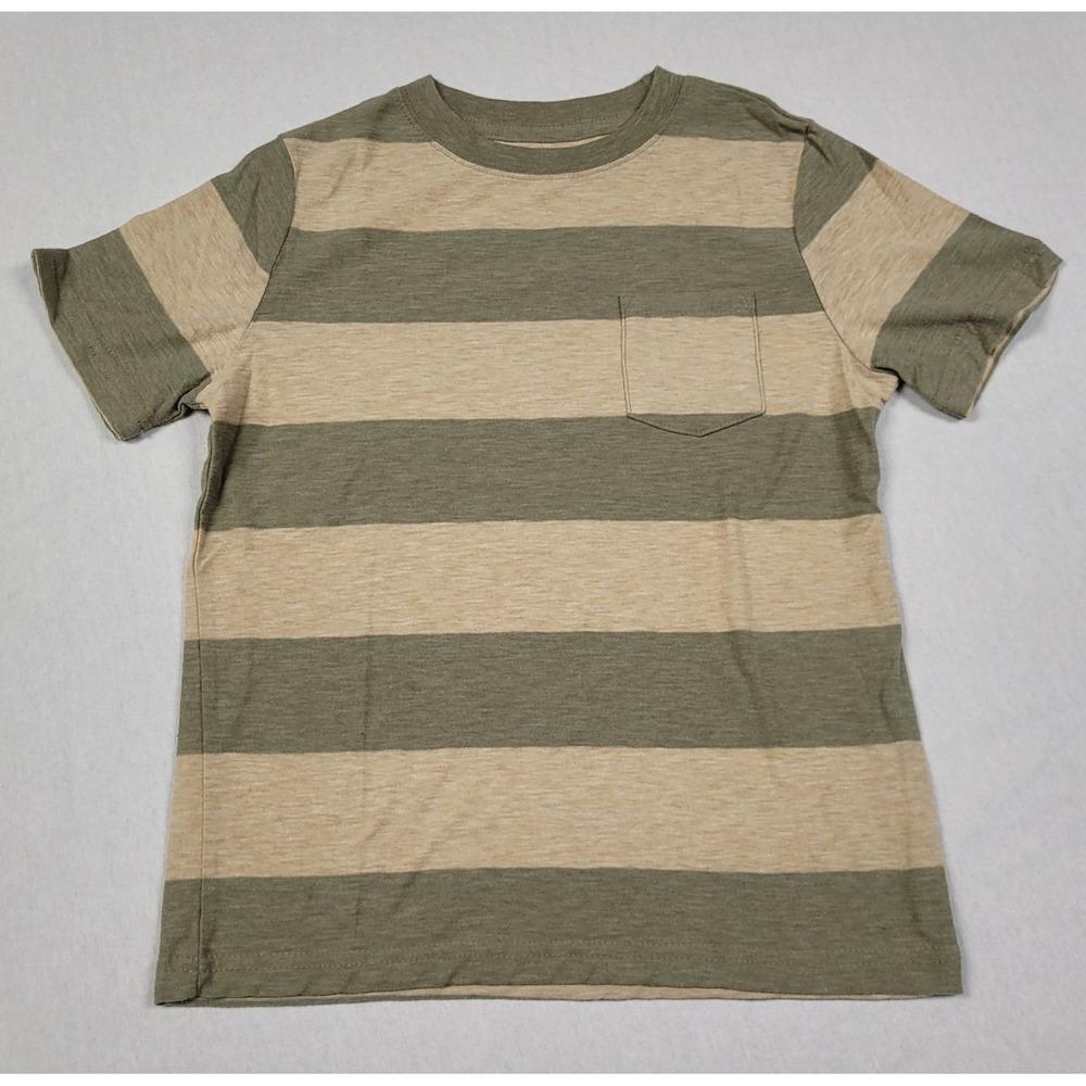 Arizona Jean Co Boys Size S (8) Striped Pocket Tee Olive Green Tan Short Sleeve